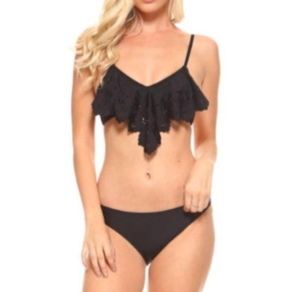Biki USA Ruffled Top 2 Piece Black Bikini
